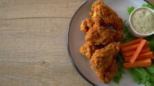 fried spicy chicken wings with vegetable