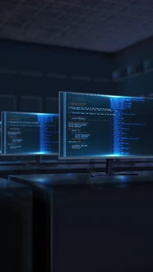 Data Breach Cyber Attack Scene Dark Tech Environment Showing Monitors Code and Hacking Warning