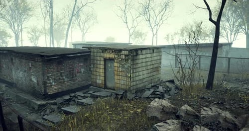Ruined Buildings Stand Silent in the Foggy Landscape of a Forgotten Area