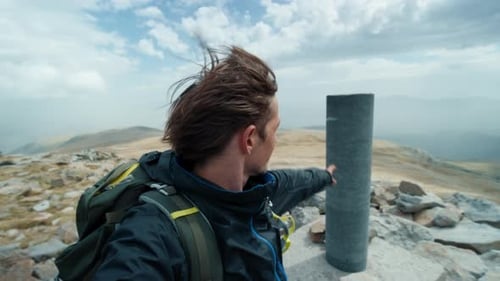 Mountaineer Vloger Shoot Selfie on Hiking Adventure After Reaching the Peak