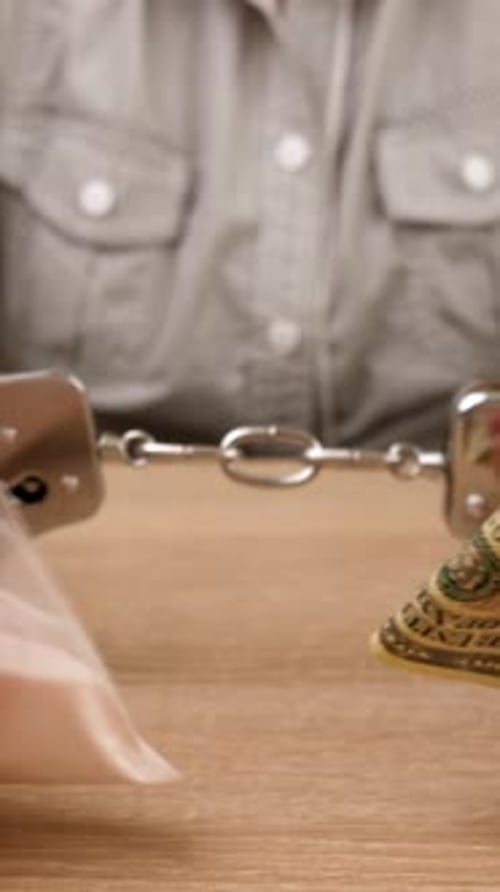 Money, Illegal Substance, and Handcuffs on Table