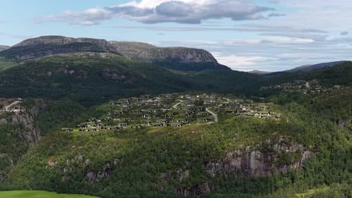 Aerial View of a Village with Turf Roof Houses in a Norwegian Valley
