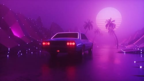 Retro Synthwave Car Driving on Neon Road with Palm Trees