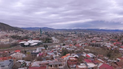 Cityscape Overlooking The Modern Ministry Of Justice Building In Tbilisi, Georgia. Aerial Drone Shot