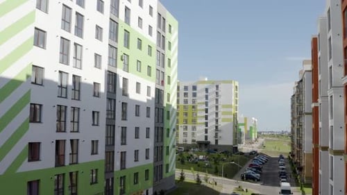 Flight Between Rows of Highrise Buildings with Offices or Apartments in a Large Complex Shot From a