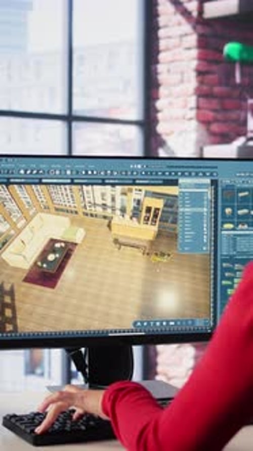 Vertikales Video Professioneller Architekturdesigner konfiguriert einen Grundriss auf zwei Monitoren