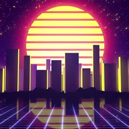 Retro 80s vaporwave aesthetic sunset. Road to a city skyline with a big sun moving behind. 1080x1080