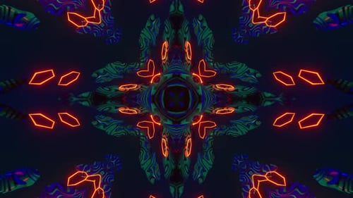 Colorful abstract design with black background and blue background. Kaleidoscope VJ loop