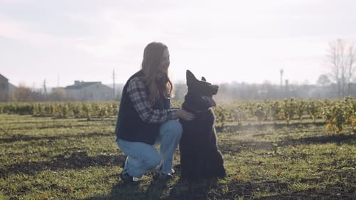 Woman interacts with dog in vineyard during sunny afternoon