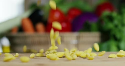 slow motion of Italian pasta flying in macro on a table. the Italian dough of superior quality. co