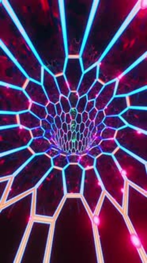 Circular tunnel with hexagonal grid and pink dots. Looped animation