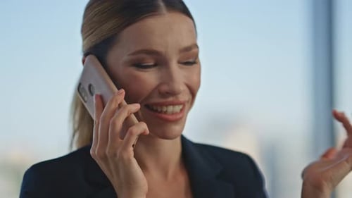 Happy Worker Gossiping Cell in Office Closeup Attractive Boss Woman Speaking