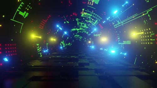 Futuristic digital tunnel with neon lights