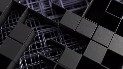 Intrincado labirinto 3D de cubos pretos foscos e grades prateadas lançando sombras sutis