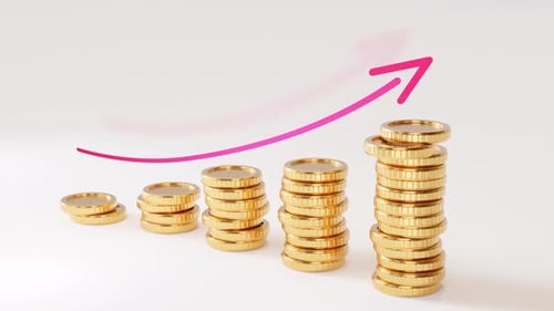 Modern 3D Gold Coin Stacks with Rising Graph Arrow