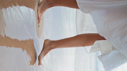 Woman Feet Stepping Sea Beach Vertically Closeup Slim Legs Walking Ocean Shore
