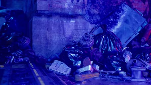 A Towering Heap of Discarded Waste Illuminated By Neon Lights on a Night Street