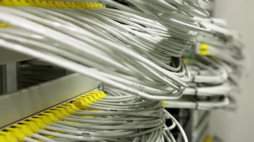 Left panning to white cables with yellow pins carefully arranged in datacenter