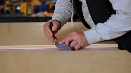Carpenter Measuring and Marking Wooden Board with Ruler and Pencil During Woodworking Preparation in