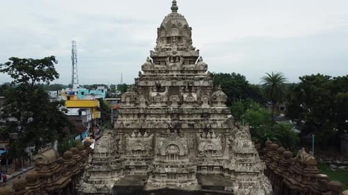 Aerial view of Kailasanathar temple in Kanchipuram, Tamil Nadu. Outer view of the Temple tower with