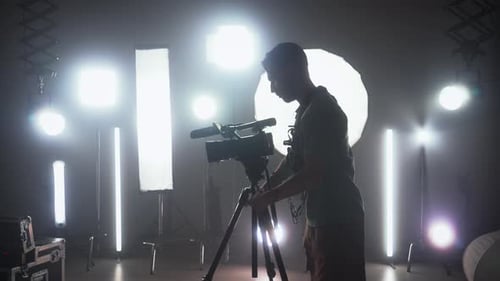 Professional Filming Pavilion with Lighting Equipment Backstage