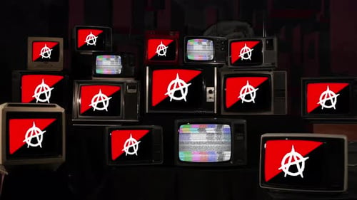 Anarchist Flags on Stacked Retro TV Screens - 4K