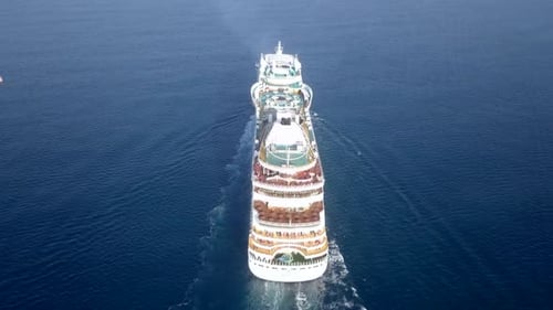 Large cruise ship at sea, Aerial follow footage