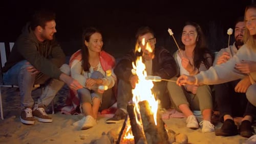 Friends roasting marshmallows around a campfire on a summer beach night