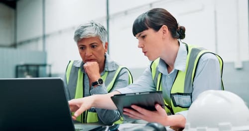 Tablet, computer and manager with engineer on site with research for maintenance