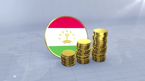 Tajikistan Flag With Plain Gold Coins Tower
