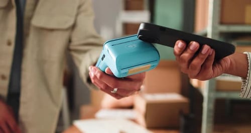 People, hands and pos machine with phone, box or delivery for payment, purchase or package in store