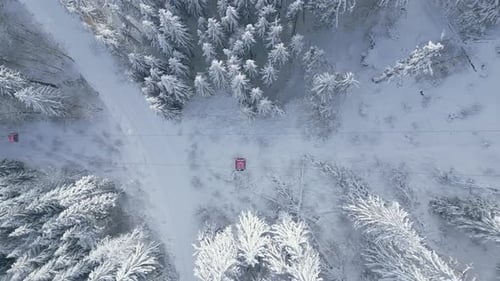 Modern Ski Lift Gondola Against Snowcovered Fir Forest and Mountains