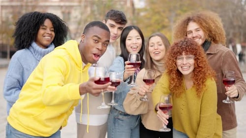 Multiethnic Friends Toasting with Wine to the Camera Outdoors
