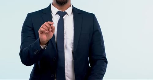 Streichen mit der Hand, Finger und Klick mit Man, Future und Tippen mit Metaverse in einem weißen Studio