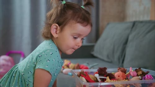 Little Girl Plays with Toys in Home Setting