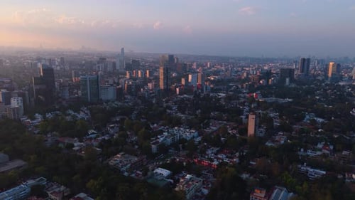 Aerial drone shot capturing sunset in southern Mexico City