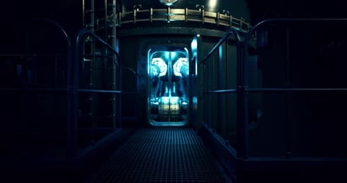 Futuristic Dark Industrial Tunnel with Glowing Portal Light