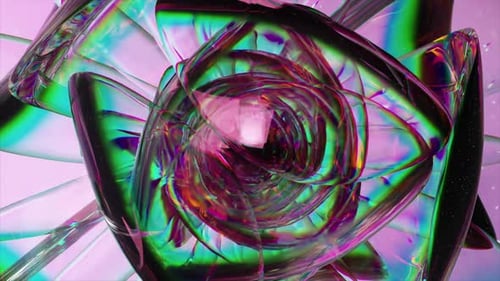 Colorful Abstract Journey Through a Shimmering Iridescent Glass Tunnel with Swirling Shapes and