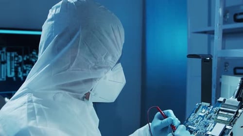 Microelectronics Engineer Works in a Modern Scientific Laboratory on Computing Systems and