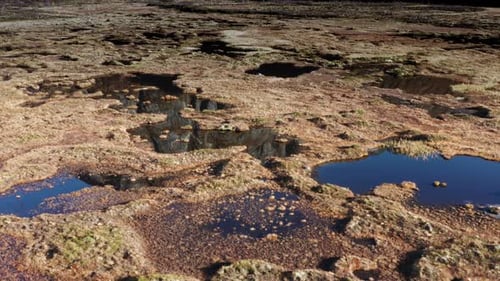 Aerial view of the swampy wetlands in northern Norway. Blue sky reflected in the mirrorlike waters.