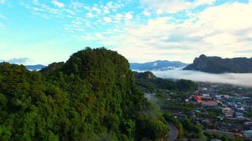 Aerial view from a drone over Phang Nga city during sunrise