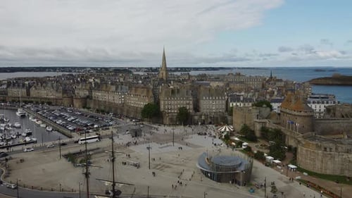 Saint-Malo cityscape with sea in background. Aerial drone panoramic view