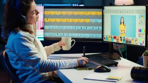 Woman Photo Editor Working on Computer at Night