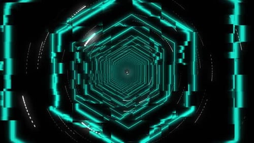 Animation of moving concentric blue neon hexagons distorting on cosmos background