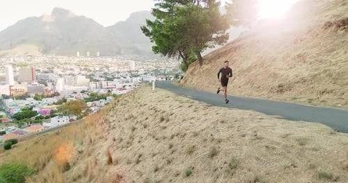 Man, running or mountains road in fitness, workout or exercise in nature marathon