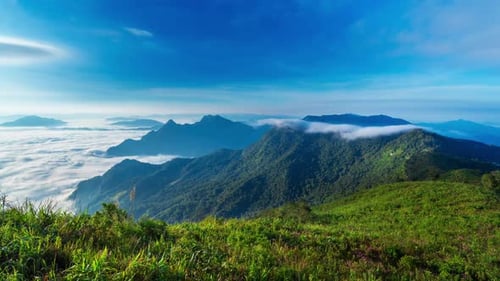 Breathtaking Morning Mist Rolling Over Lush Green Mountain Peaks Sunrise