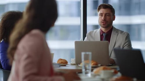 Business Coworkers Talking Cafe Working Online on Computer Laptop in Office. Couple