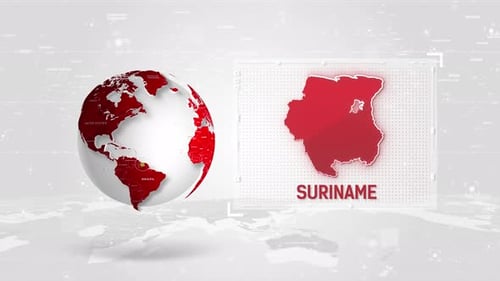 Suriname 4K Tech Map neben dem Globus auf weißem Hintergrund