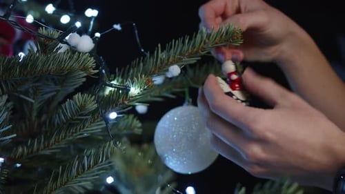 Christmas tree branch with glittering ornaments