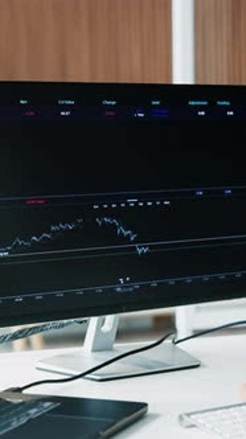 Hands, trading and computer screen with charts in office with report, review stats and stock market